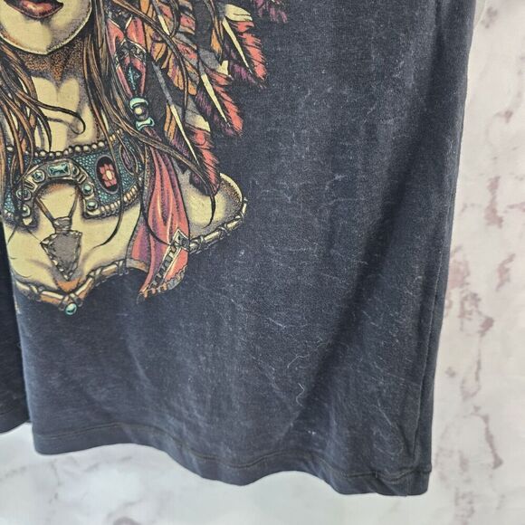 Affliction T Shirt Women Medium Black Red Tee Short Sleeve Criss Cross Feather - Picture 4 of 11